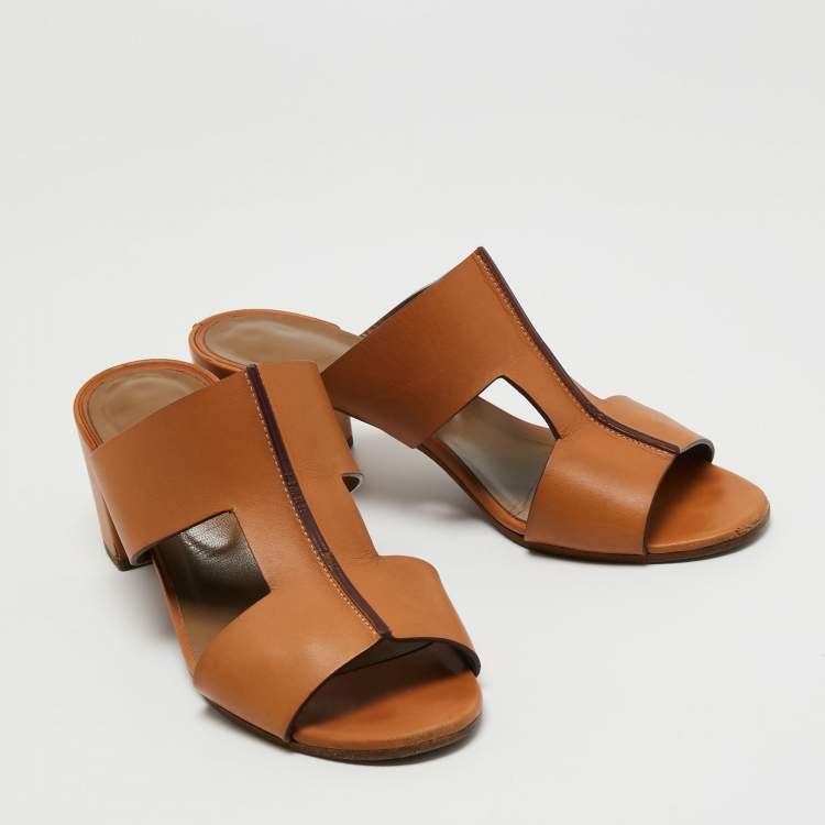 Pre Owned Hermes Brown Leather Ostia Slide Sandals Size 39