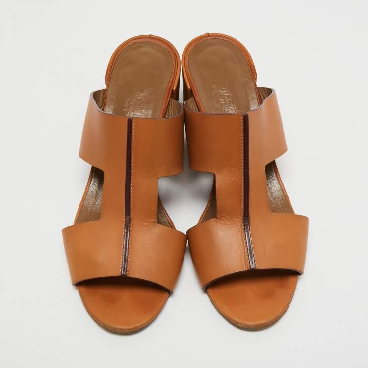 Pre Owned Hermes Brown Leather Ostia Slide Sandals Size 39