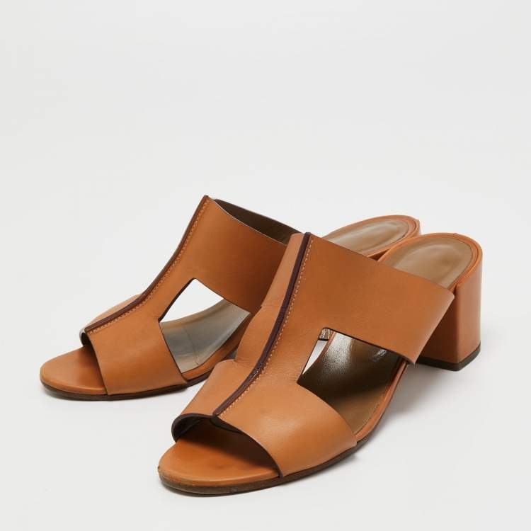 Pre Owned Hermes Brown Leather Ostia Slide Sandals Size 39