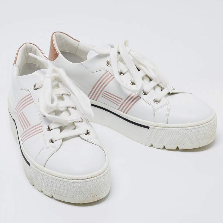 Pre Owned Hermes White Leather Dare Low Top Sneakers Size 39