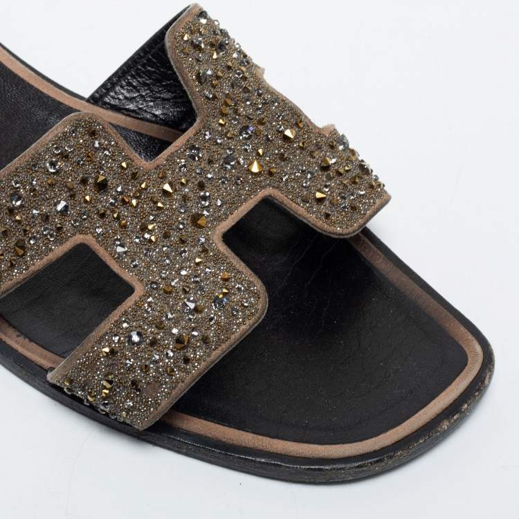 Pre Owned Hermes Beige Leather Crystal Embellished Oran Flat Slides Size 38.5