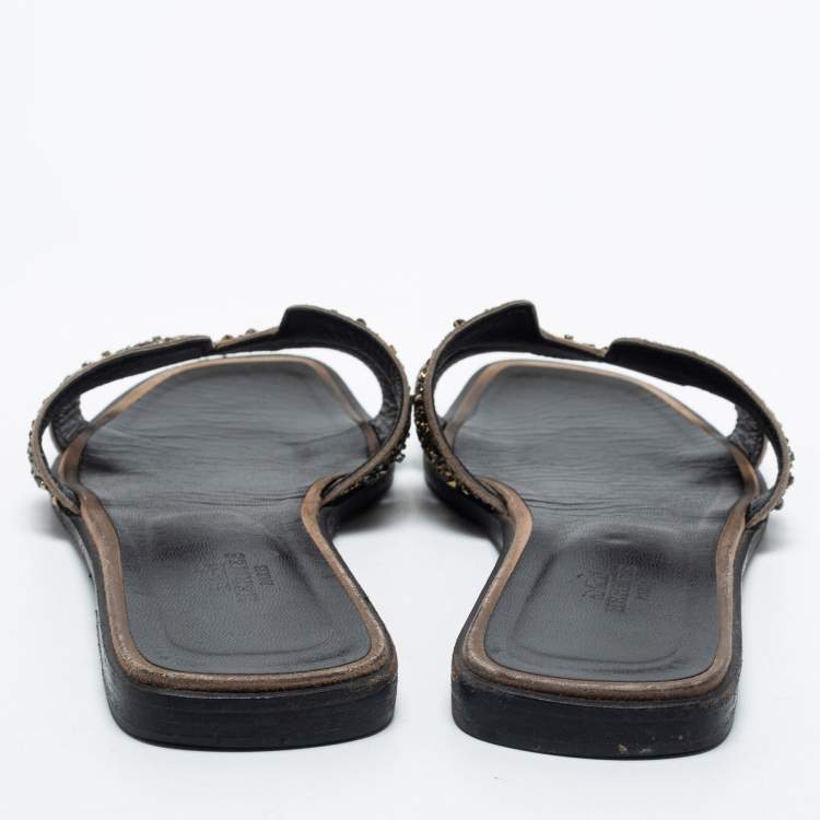 Pre Owned Hermes Beige Leather Crystal Embellished Oran Flat Slides Size 38.5