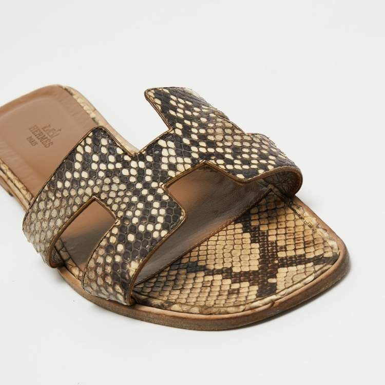 Pre Owned Hermes Brown/Beige Python Leather Oran Flat Slides Size 41