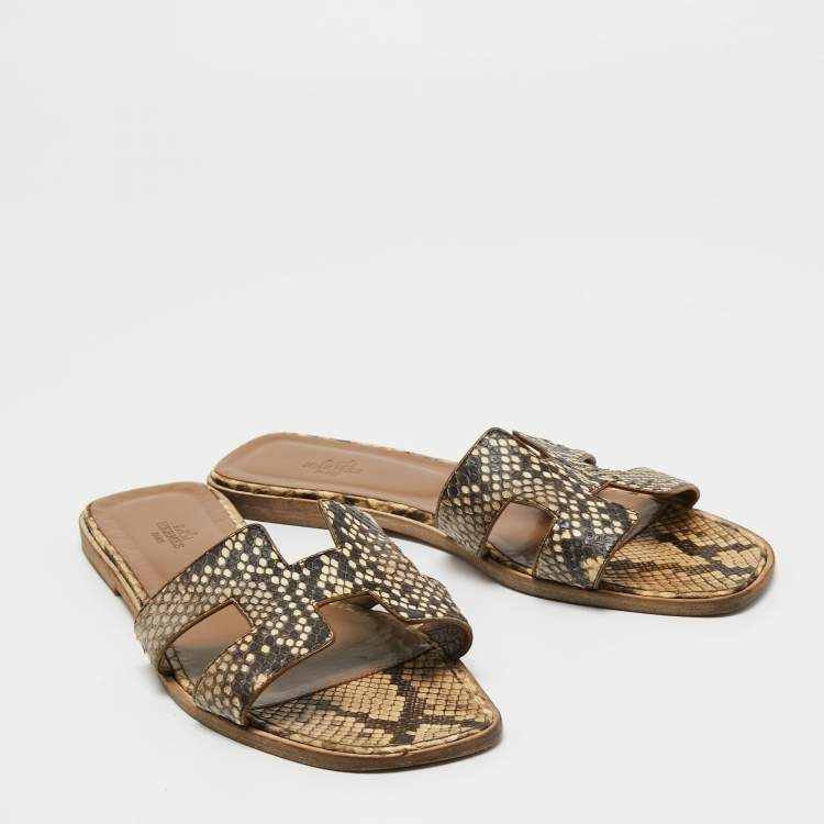 Pre Owned Hermes Brown/Beige Python Leather Oran Flat Slides Size 41