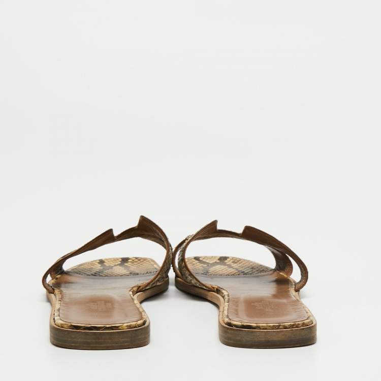 Pre Owned Hermes Brown/Beige Python Leather Oran Flat Slides Size 41