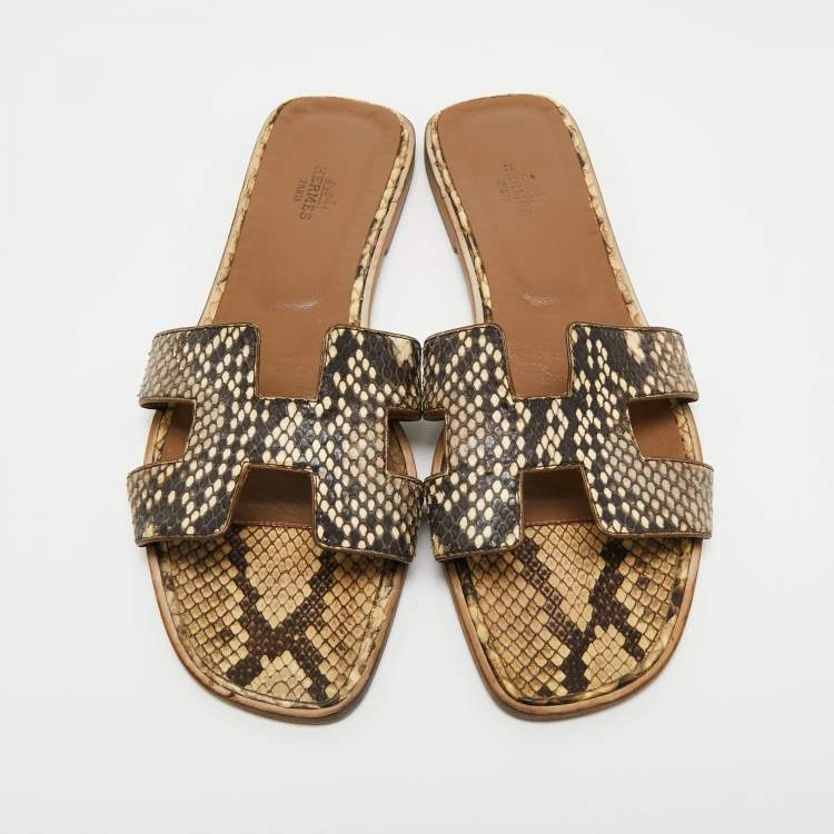 Pre Owned Hermes Brown/Beige Python Leather Oran Flat Slides Size 41