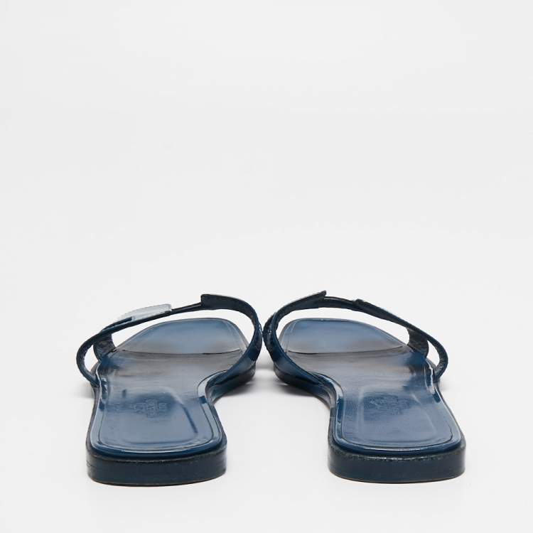 Pre Owned Hermes Midnight Blue Patent Leather Oran Flat Slides Size 39
