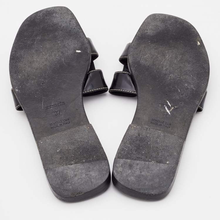 Pre Owned Hermes Black Leather Oran Flat Slides Size 37