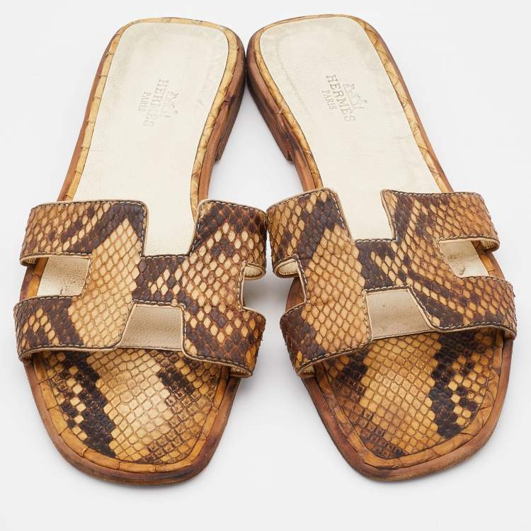 Pre Owned Hermes Brown Python Leather Oran Flat Slides Size 37.5