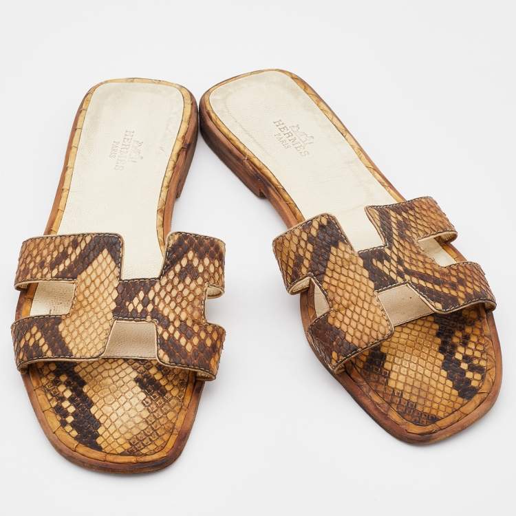 Pre Owned Hermes Brown Python Leather Oran Flat Slides Size 37.5