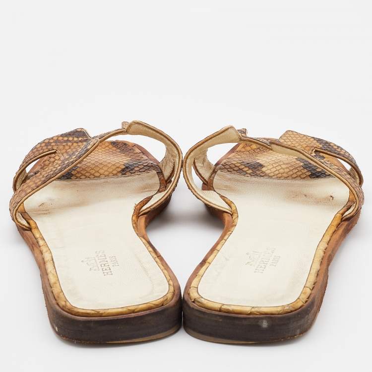 Pre Owned Hermes Brown Python Leather Oran Flat Slides Size 37.5