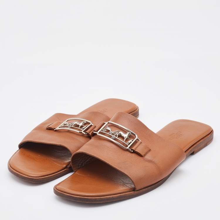 Pre Owned Hermes Brown Leather Villa Flat Slides Size 39