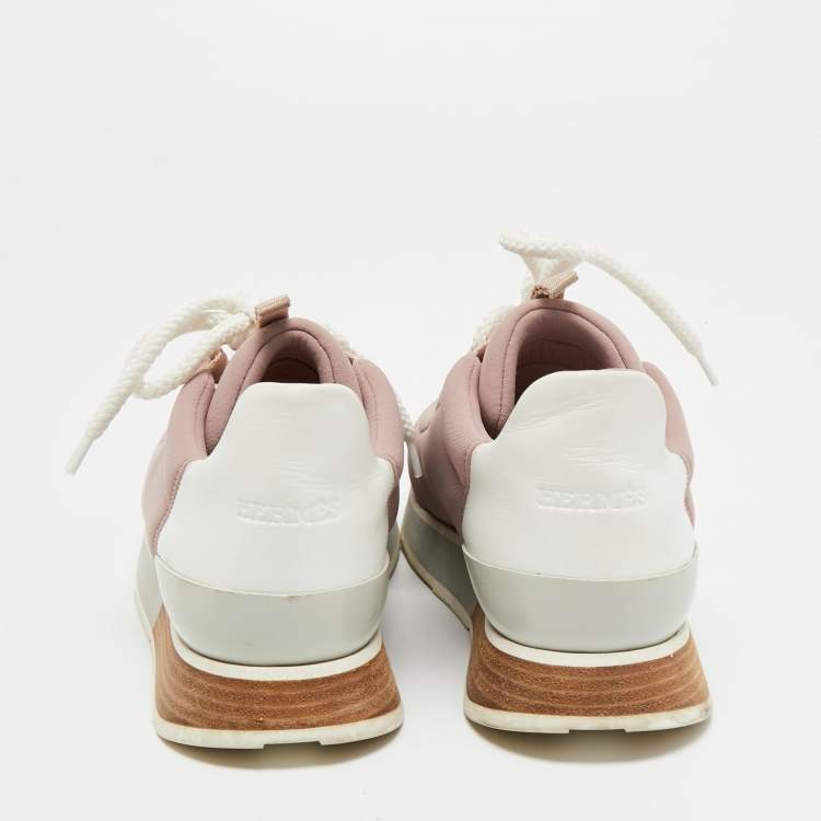 Pre Owned Hermes Pink/White Neoprene, Leather and Suede Miles Sneakers Size 36