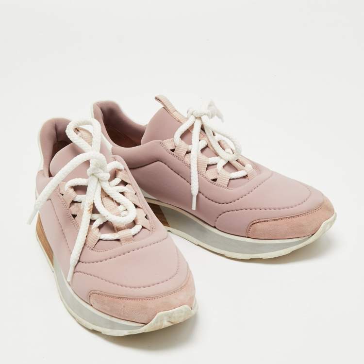 Pre Owned Hermes Pink/White Neoprene, Leather and Suede Miles Sneakers Size 36