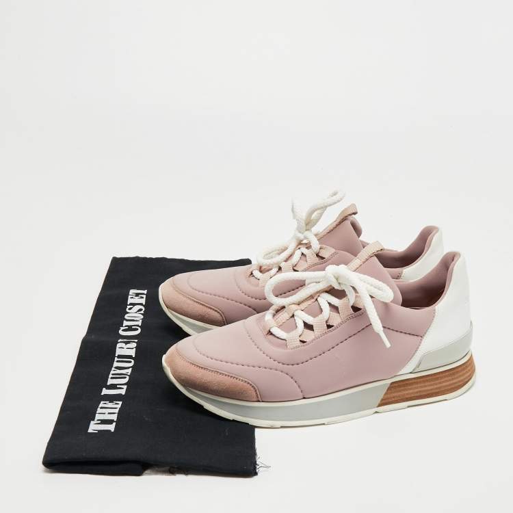 Pre Owned Hermes Pink/White Neoprene, Leather and Suede Miles Sneakers Size 36