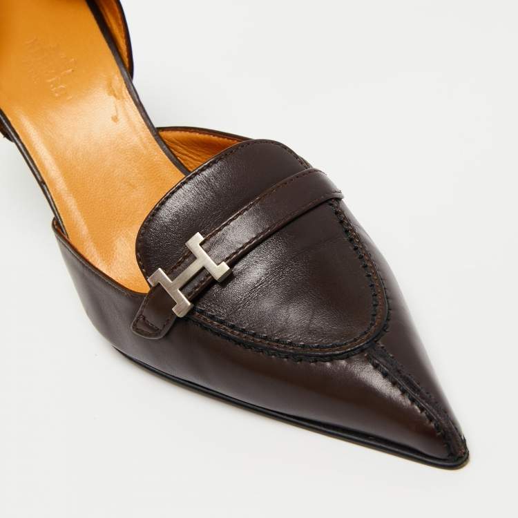 Pre Owned Hermes Brown Leather Pointed Toe Focus-Escarpins Pumps Size 37.5