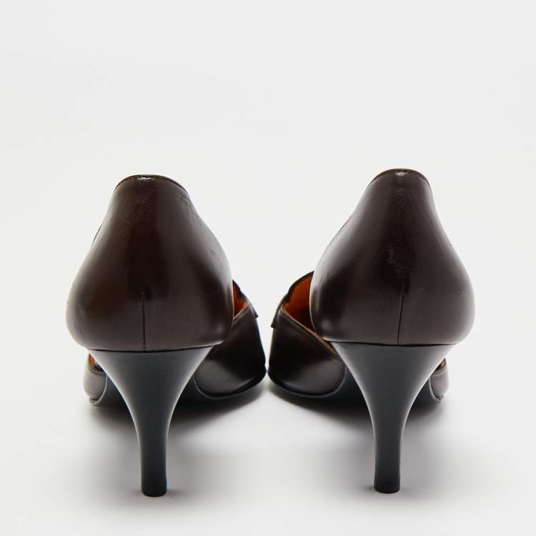Pre Owned Hermes Brown Leather Pointed Toe Focus-Escarpins Pumps Size 37.5