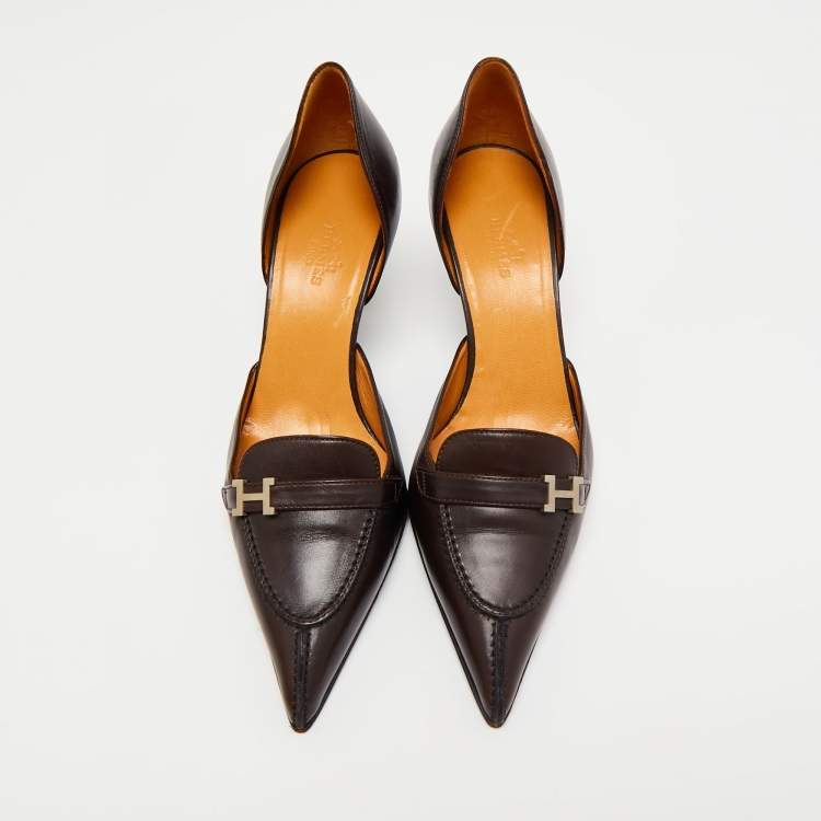 Pre Owned Hermes Brown Leather Pointed Toe Focus-Escarpins Pumps Size 37.5