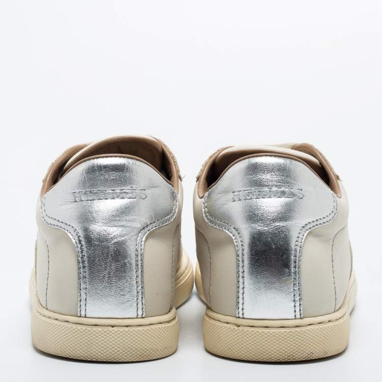 Pre Owned Hermes Off White/Silver Leather  Quicker  Sneakers Size 38