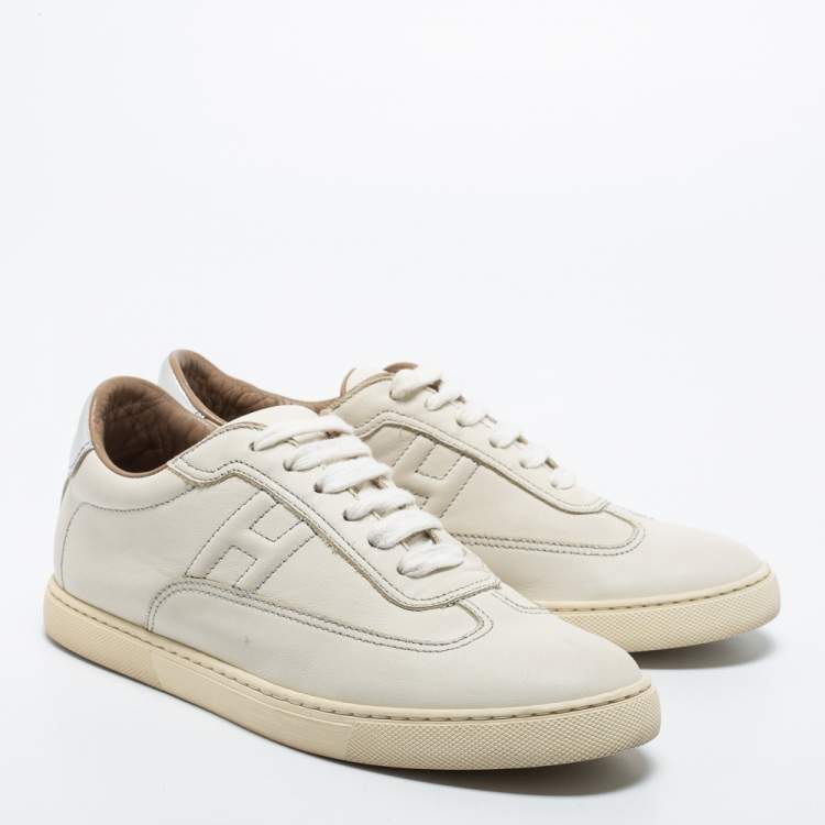 Pre Owned Hermes Off White/Silver Leather  Quicker  Sneakers Size 38