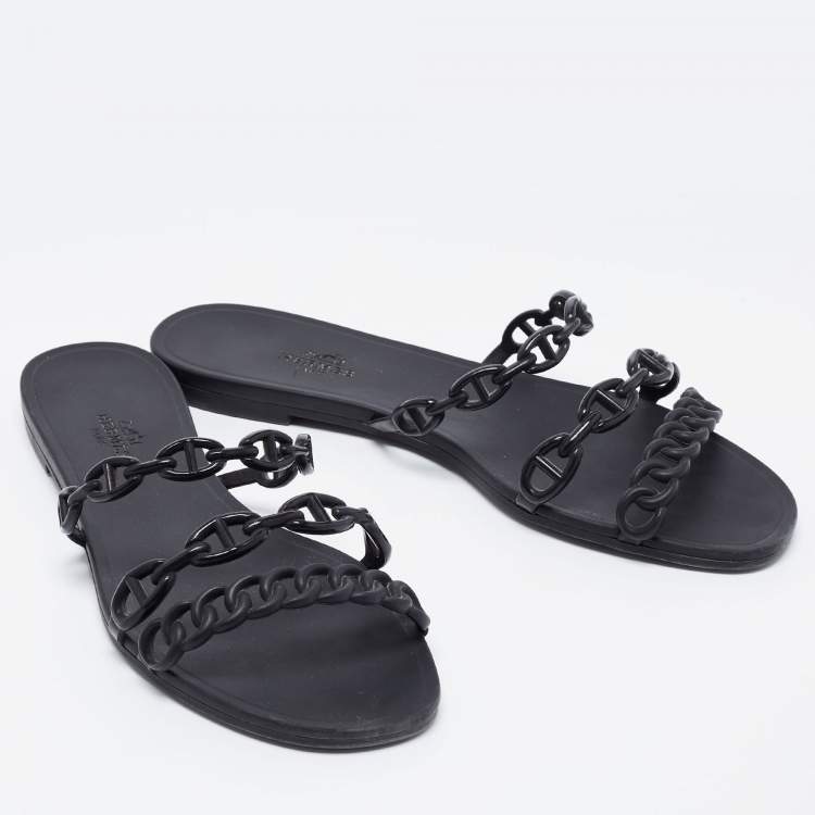 Pre Owned Hermes Black Rubber D'ancre Chaine Rivage Flat Slides Size 39