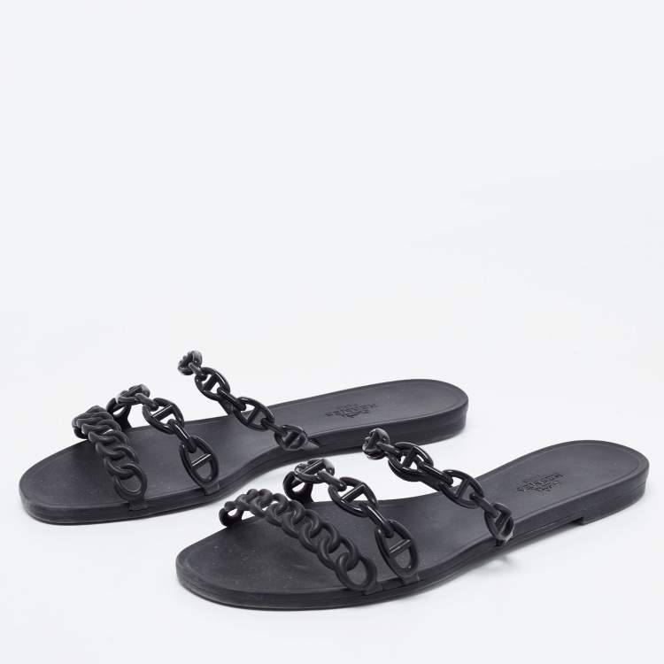 Pre Owned Hermes Black Rubber D'ancre Chaine Rivage Flat Slides Size 39