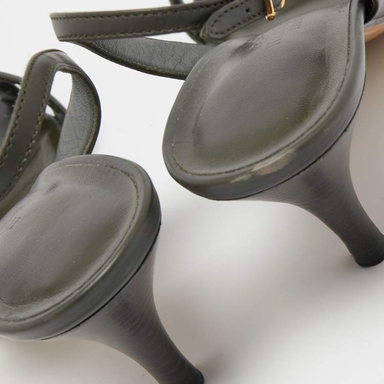 Pre Owned Hermes Dark Green Leather Night Slingback Sandals Size 37