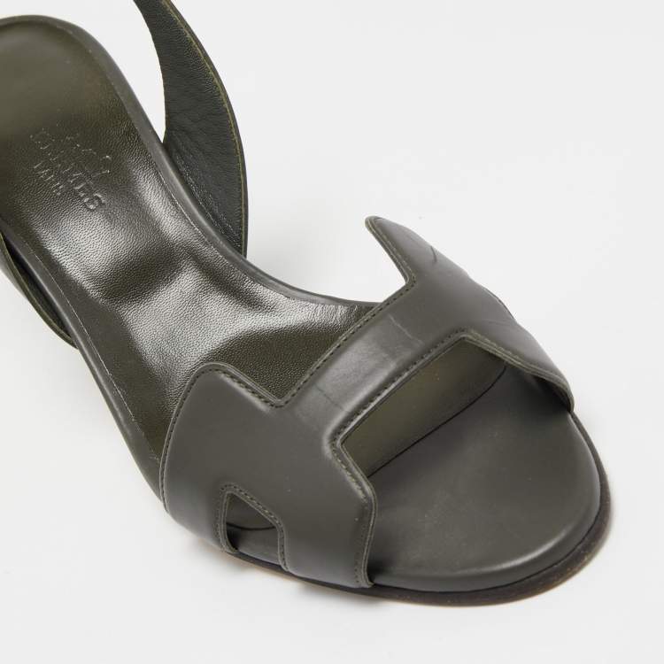 Pre Owned Hermes Dark Green Leather Night Slingback Sandals Size 37