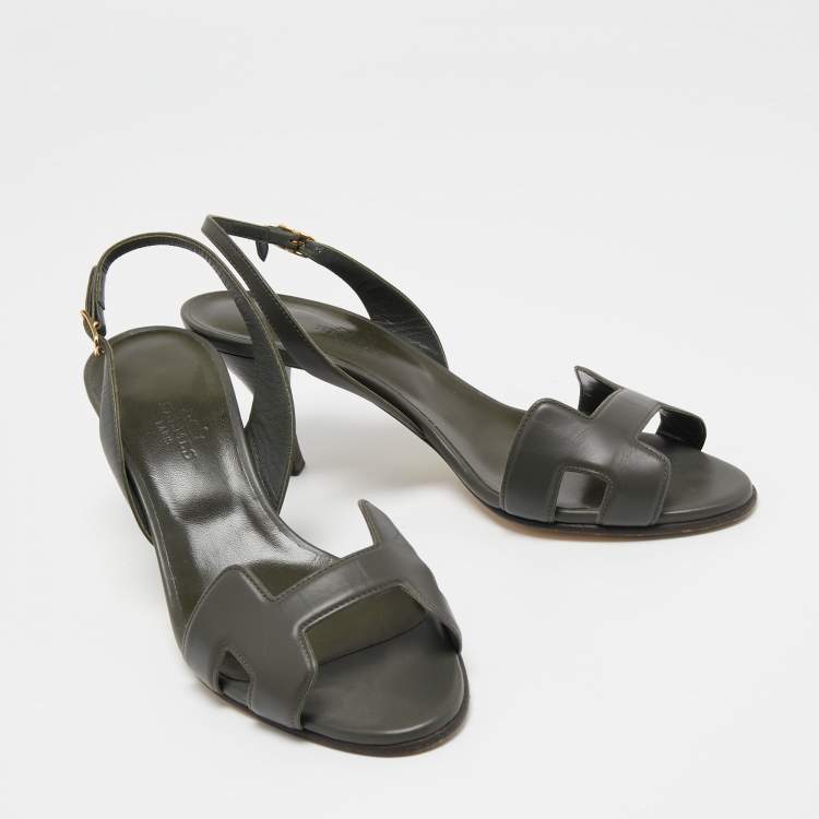 Pre Owned Hermes Dark Green Leather Night Slingback Sandals Size 37