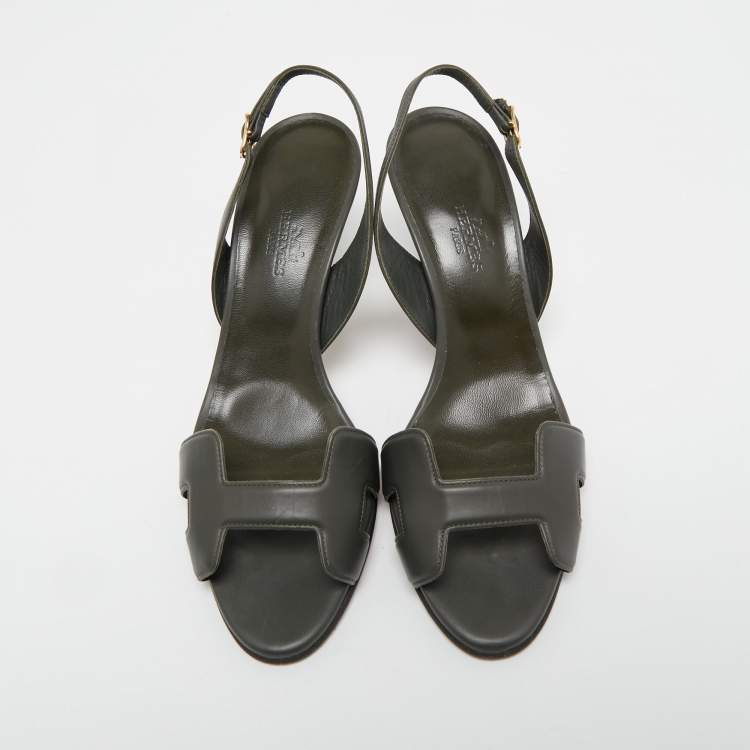Pre Owned Hermes Dark Green Leather Night Slingback Sandals Size 37