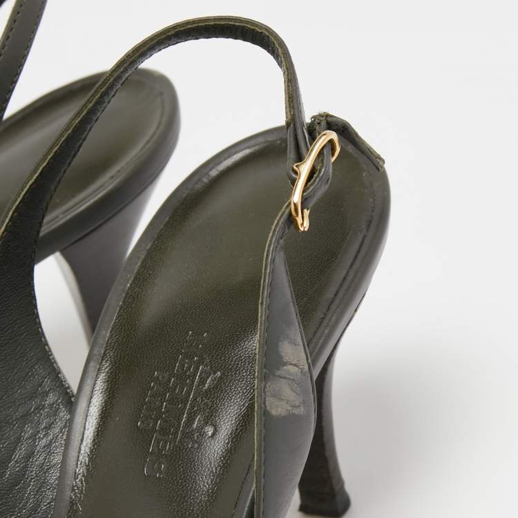Pre Owned Hermes Dark Green Leather Night Slingback Sandals Size 37