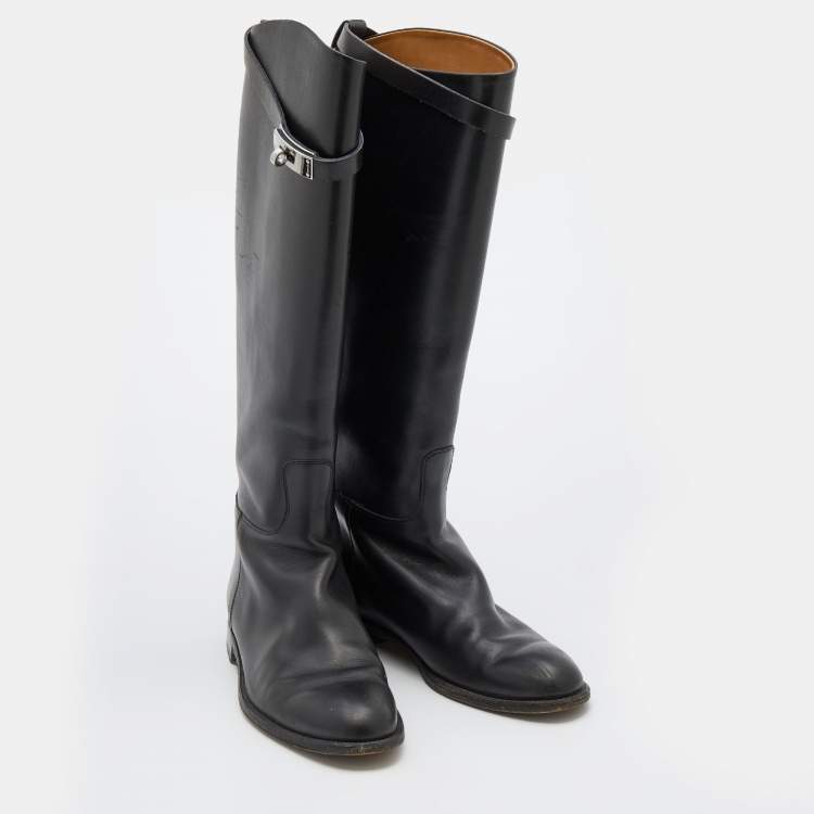 Pre Owned Hermes Black Leather Jumping Knee Length Boots Size 40