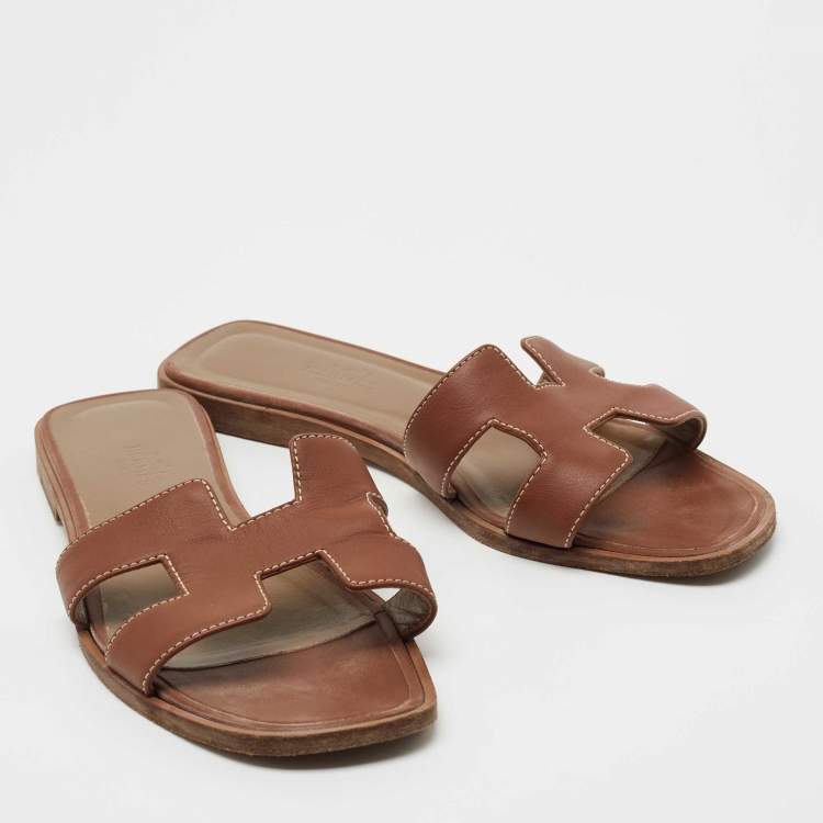 Pre Owned Hermes Brown Leather Oran Flat Slides Size 37