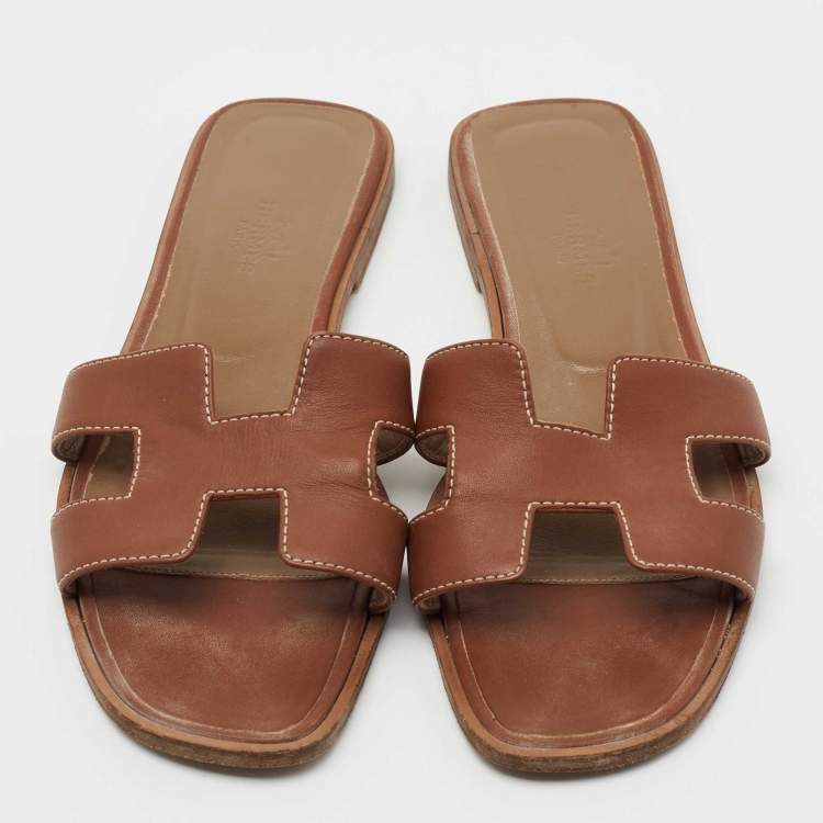 Pre Owned Hermes Brown Leather Oran Flat Slides Size 37