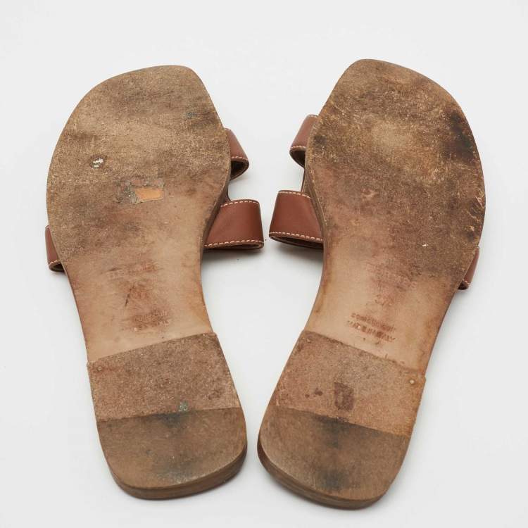 Pre Owned Hermes Brown Leather Oran Flat Slides Size 37