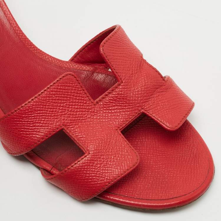 Pre Owned Hermes Red Textured Leather Oasis Slide Sandals Size 39