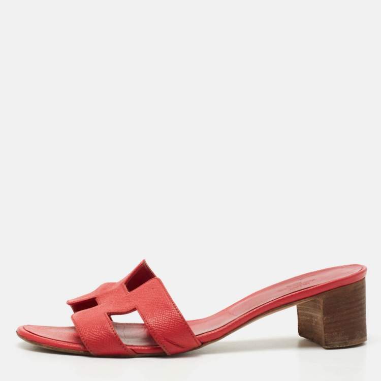 Pre Owned Hermes Red Textured Leather Oasis Slide Sandals Size 39
