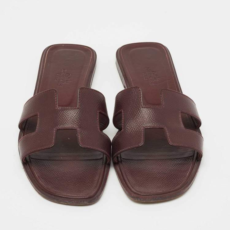 Pre Owned Hermes Burgundy Lizard Embossed Leather Oran Flat Slides Sze 37.5