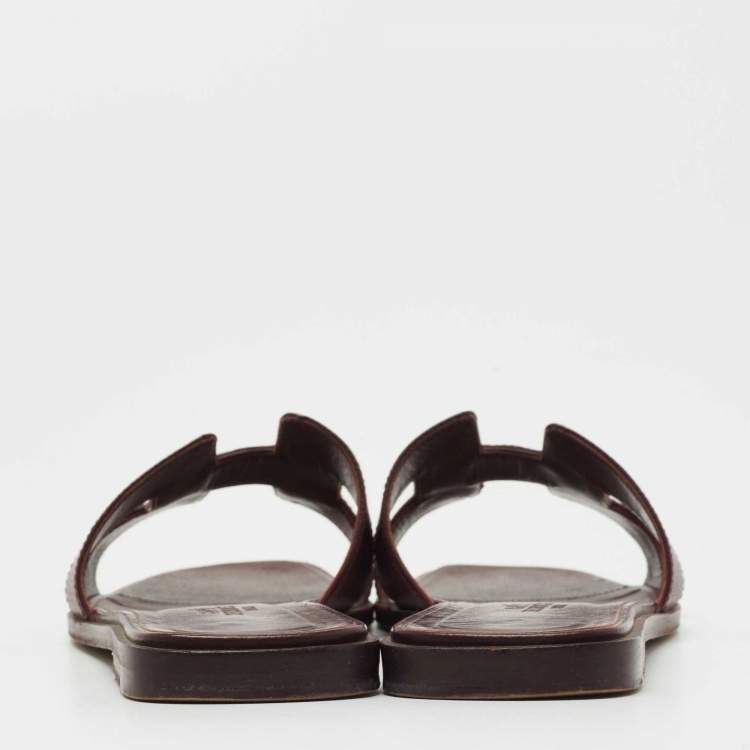 Pre Owned Hermes Burgundy Lizard Embossed Leather Oran Flat Slides Sze 37.5