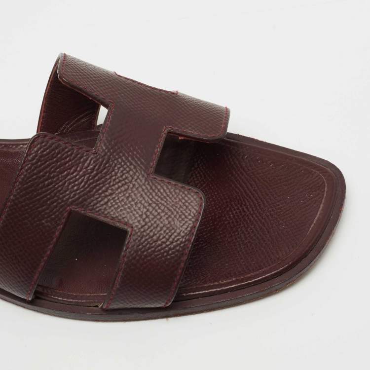 Pre Owned Hermes Burgundy Lizard Embossed Leather Oran Flat Slides Sze 37.5