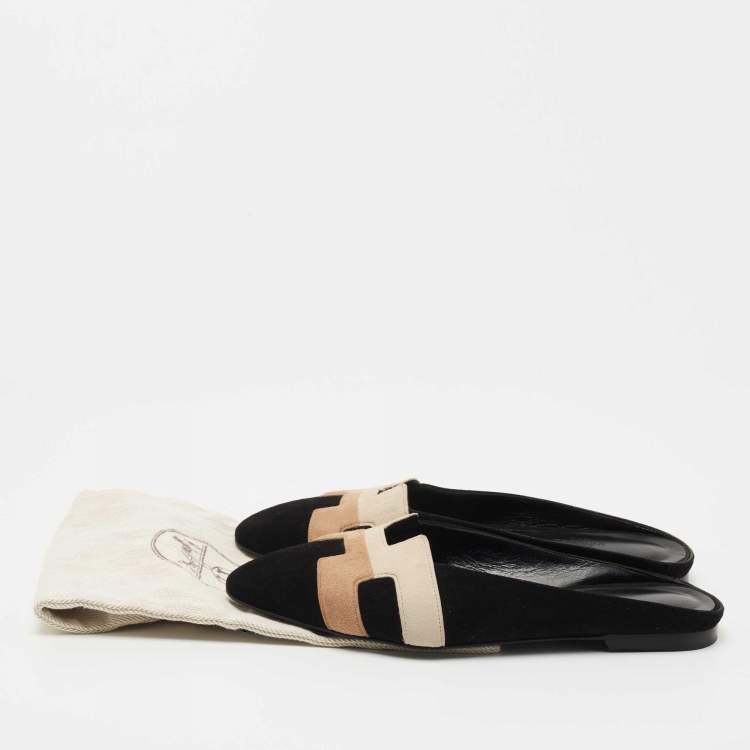 Pre Owned Hermes Tricolor Suede Roxane Flat Mules Size 37.5