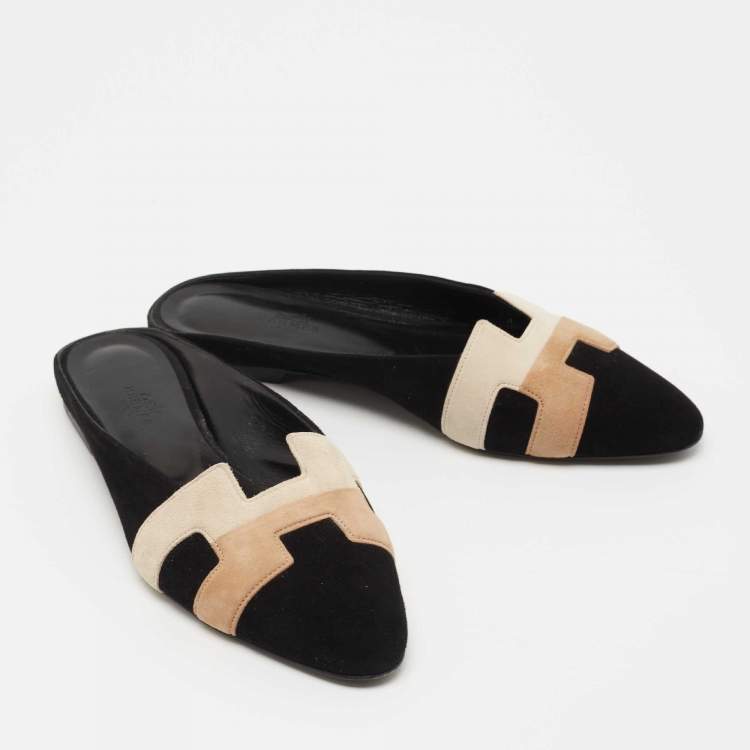 Pre Owned Hermes Tricolor Suede Roxane Flat Mules Size 37.5