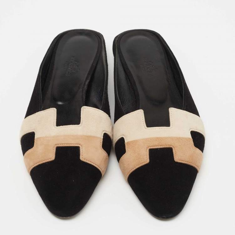 Pre Owned Hermes Tricolor Suede Roxane Flat Mules Size 37.5