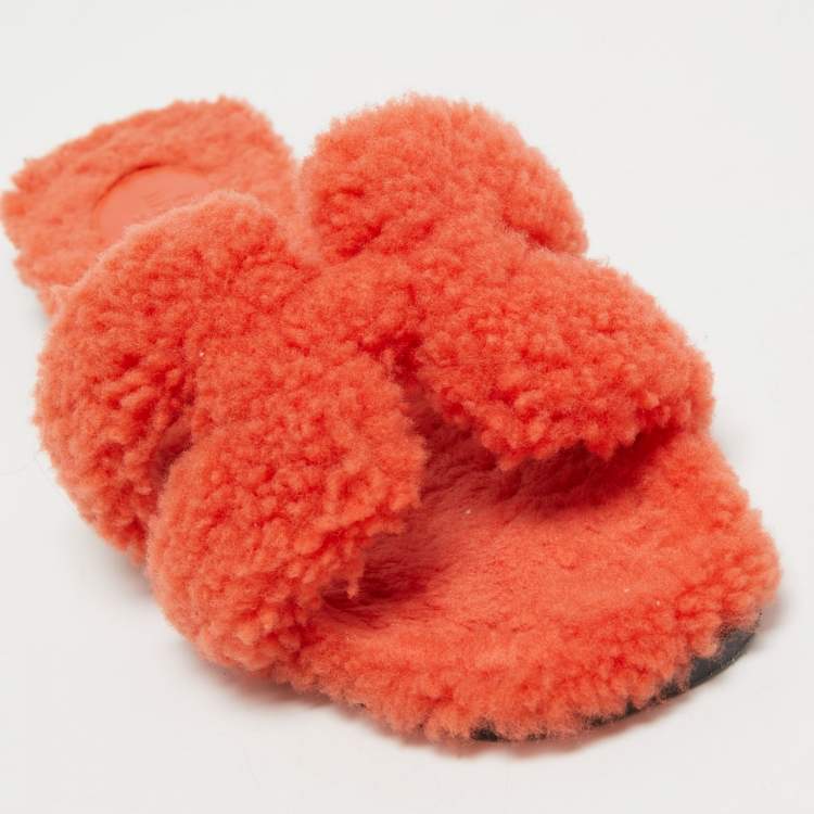 Pre Owned Hermes Orange Shearling Fur Oran Flat Slides Size 36