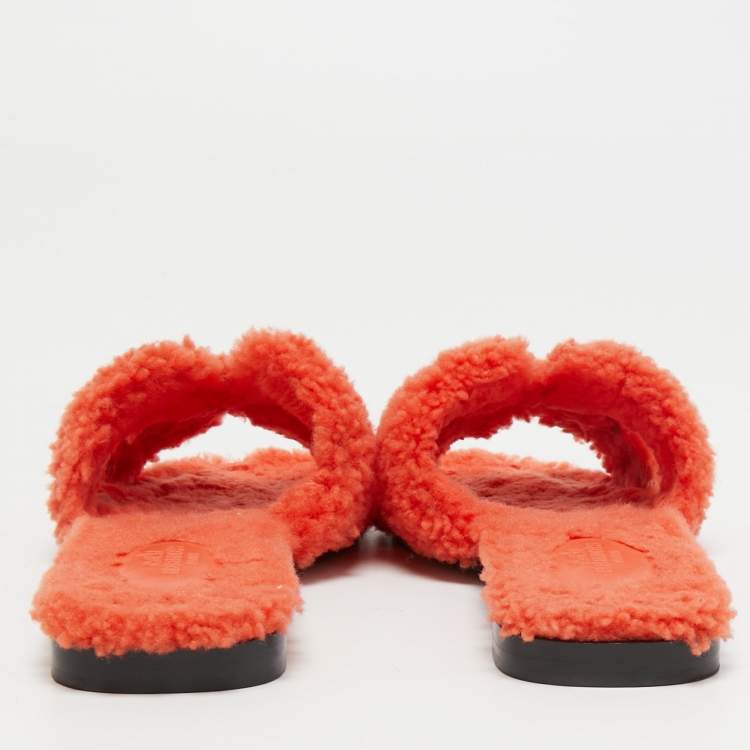 Pre Owned Hermes Orange Shearling Fur Oran Flat Slides Size 36