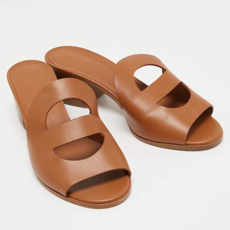 Pre Owned Hermes Brown Leather Mona Slide Sandals Size 39