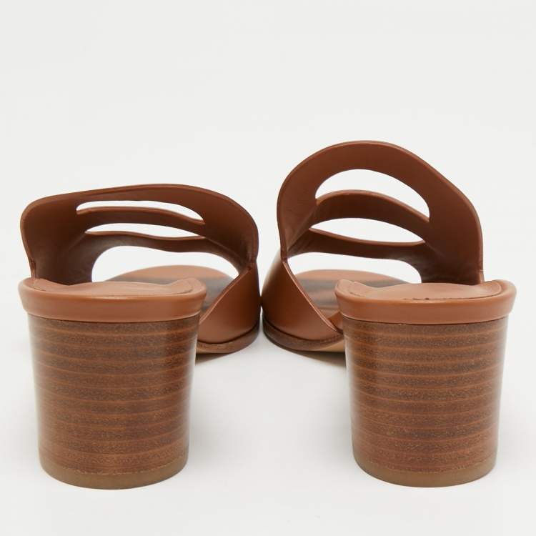 Pre Owned Hermes Brown Leather Mona Slide Sandals Size 39