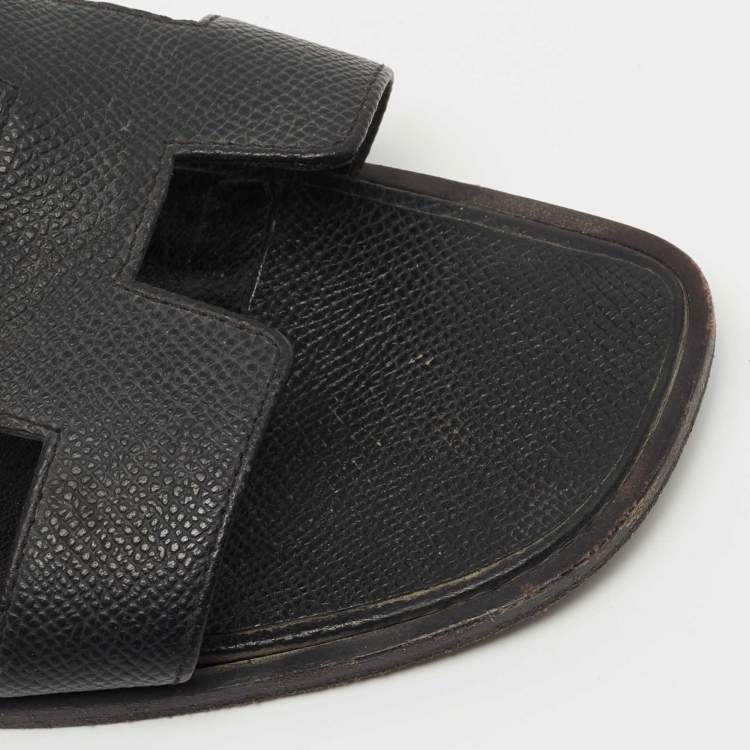 Pre Owned Hermes Black Leather Oran Flat Slides Size 40