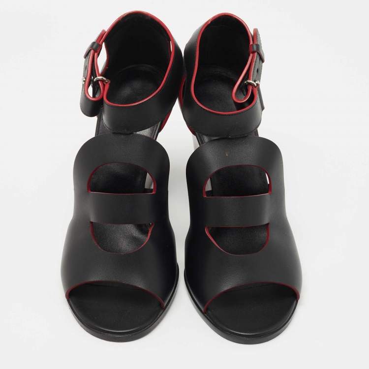 Pre Owned Hermes Black Leather Mona Wedge Sandals Size 38