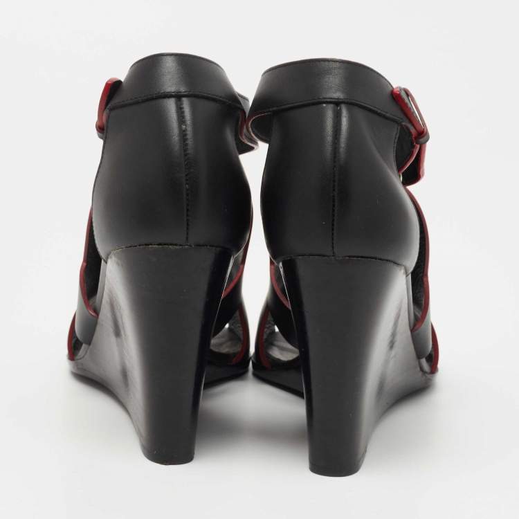 Pre Owned Hermes Black Leather Mona Wedge Sandals Size 38